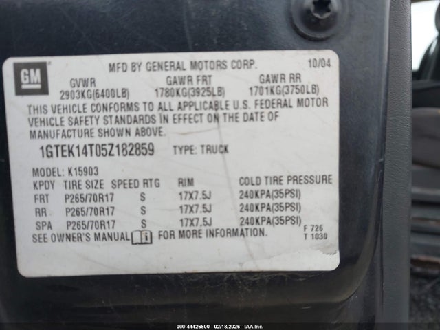 Aukcja sprzedaży 2005 Gmc Sierra 1500, vin: 1GTEK14T05Z182859, numer aukcji: 44426600
