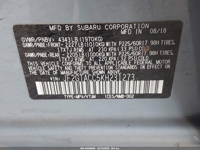 JF2GTACC5KH231273 Subaru Crosstrek 2.0i Premium