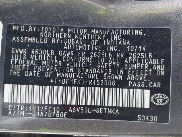 4T4BF1FK3FR452906 Toyota CAMRY LE