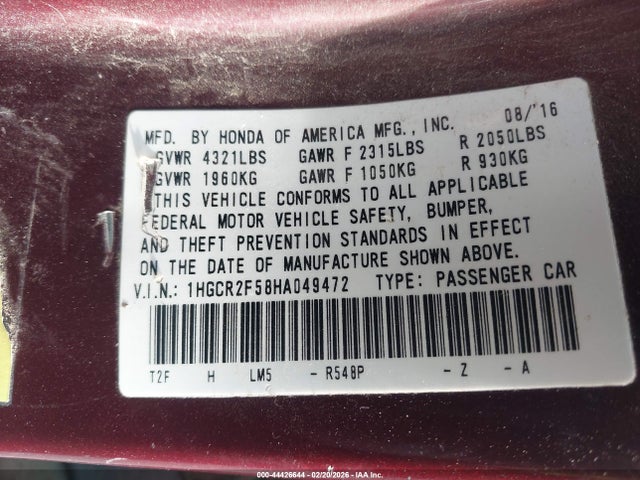 1HGCR2F58HA049472 Honda Accord Sport