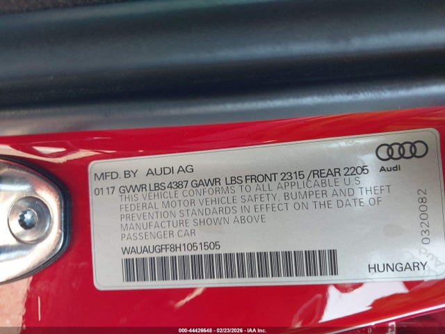 Aukcja sprzedaży 2017 Audi A3 2.0t Premium, vin: WAUAUGFF8H1051505, numer aukcji: 44426648