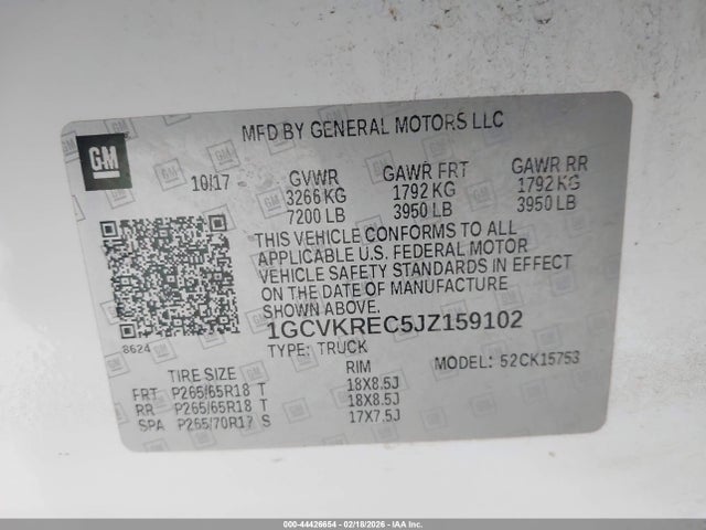 1GCVKREC5JZ159102 Chevrolet Silverado 1500 2lt