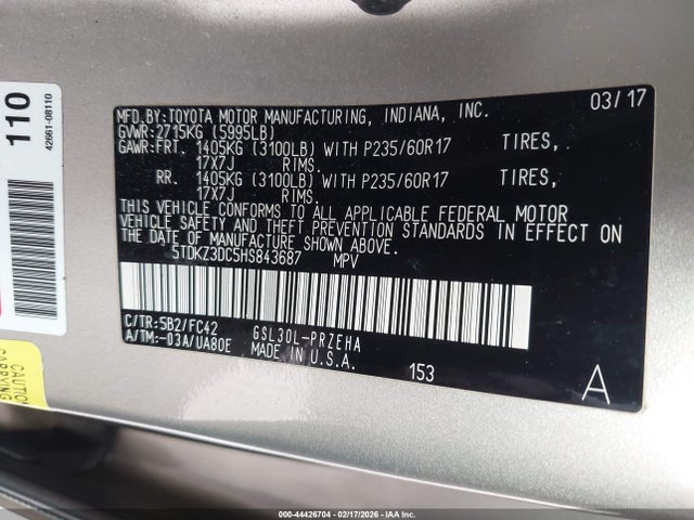 Toyota Sienna Le 8 Passenger 2017 5TDKZ3DC5HS843687 Image 9