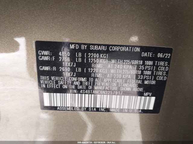 4S4BTANC6N3257917 Subaru Outback Limited