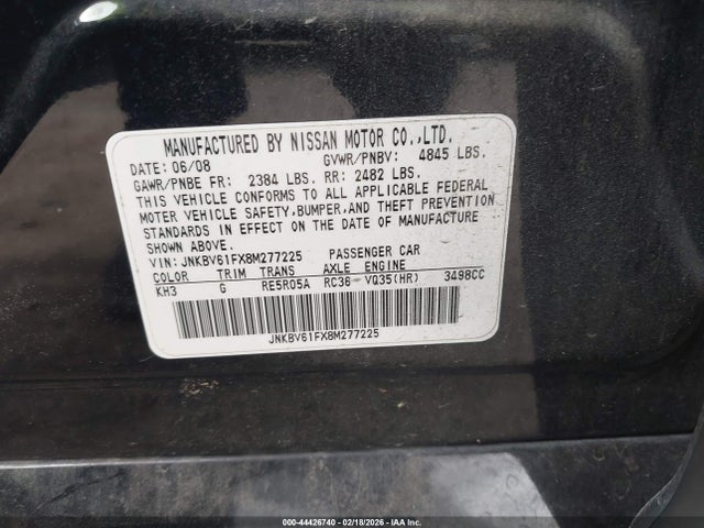 44426740 :رقم المزاد ، JNKBV61FX8M277225 vin ، 2008 Infiniti G35x مزاد بيع