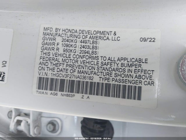 1HGCV3F27NA036182 Honda Accord Hybrid Sport