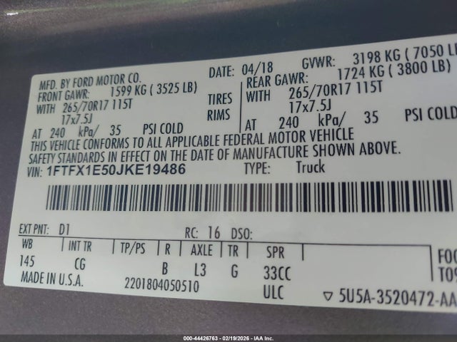 1FTFX1E50JKE19486 Ford F-150 Xl