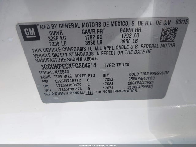 Продаж на аукціоні авто 2015 Chevrolet Silverado 1500 Wt, vin: 3GCUKPECXFG304514, номер лоту: 44426838