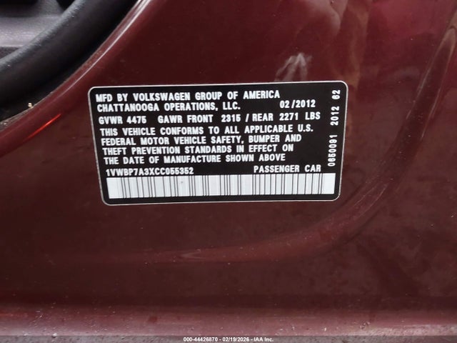 2012 Volkswagen Passat 2.5l Se მანქანა იყიდება აუქციონზე, vin: 1VWBP7A3XCC055352, აუქციონის ნომერი: 44426870