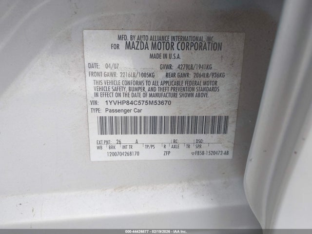 Aukcja sprzedaży 2007 Mazda Mazda6 I Sport Ve, vin: 1YVHP84C575M53670, numer aukcji: 44426877