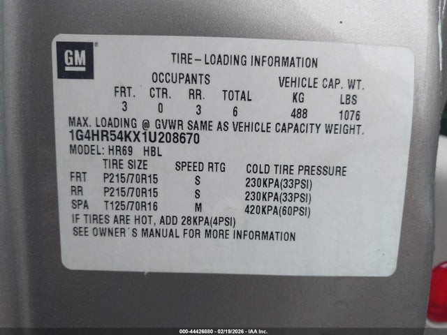 Aukcja sprzedaży 2001 Buick Lesabre Limited, vin: 1G4HR54KX1U208670, numer aukcji: 44426880