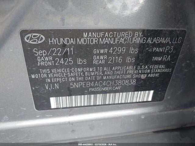 Продажа на аукционе авто 2012 Hyundai Sonata Gls, vin: 5NPEB4AC4CH380838, номер лота: 44426901