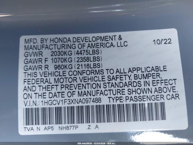 1HGCV1F3XNA097488 Honda Accord Sport