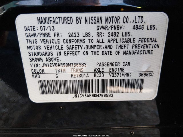 44426949 :رقم المزاد ، JN1CV6AR9DM766583 vin ، 2013 Infiniti G37x مزاد بيع