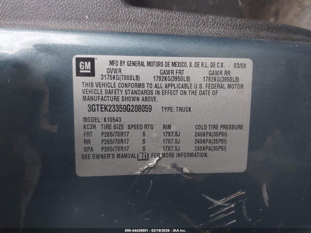 44426991 :رقم المزاد ، 3GTEK23359G208059 vin ، 2009 Gmc Sierra 1500 Sle مزاد بيع
