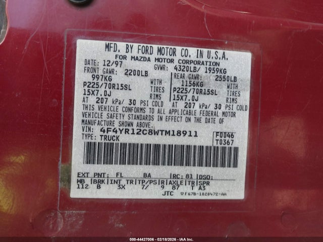 44427006 :رقم المزاد ، 4F4YR12C8WTM18911 vin ، 1998 Mazda B2500 Se/sx مزاد بيع