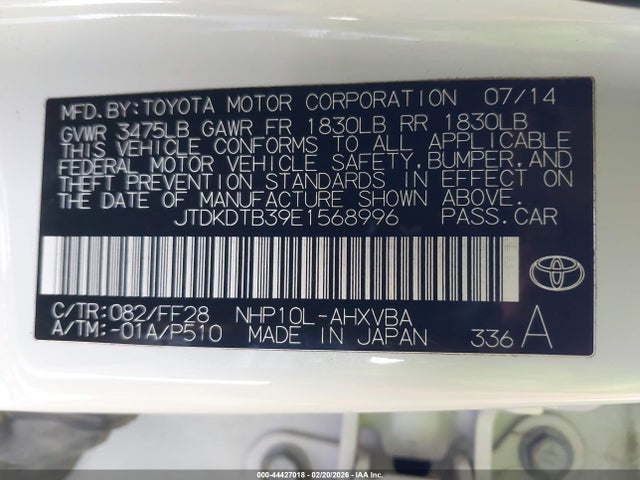JTDKDTB39E1568996 Toyota Prius C Two