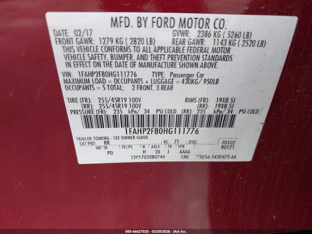 1FAHP2F80HG111776 Ford Taurus Limited