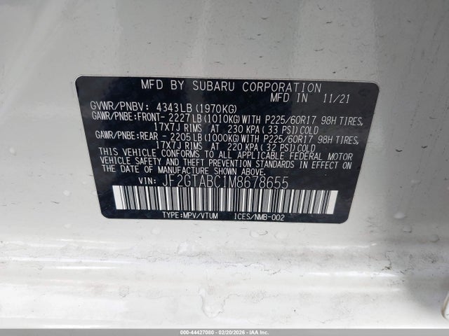2021 Subaru Crosstrek მანქანა იყიდება აუქციონზე, vin: JF2GTABC1M8678655, აუქციონის ნომერი: 44427080