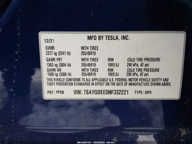 7SAYGDEE0NF332221 Tesla Model Y Long Range Dual Motor All-wheel Drive