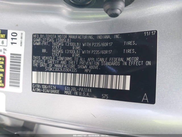 5TDKZ3DC9JS904335 Toyota Sienna Le 8 Passenger