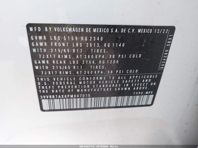 Продаж на аукціоні авто 2023 Volkswagen Tiguan 2.0t S, vin: 3VVRB7AX6PM047015, номер лоту: 44427118