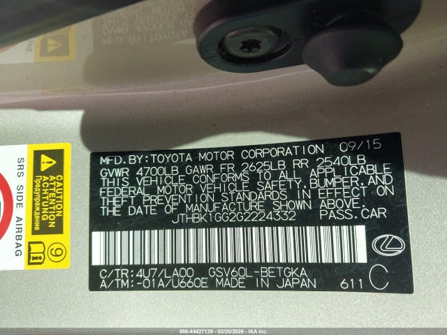 Продажа на аукционе авто 2016 Lexus Es 350, vin: JTHBK1GG2G2224332, номер лота: 44427129