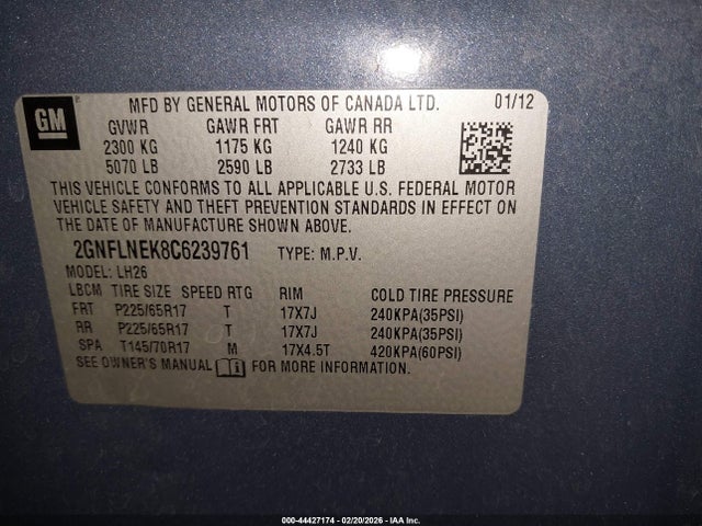 44427174 :رقم المزاد ، 2GNFLNEK8C6239761 vin ، 2012 Chevrolet Equinox 2lt مزاد بيع
