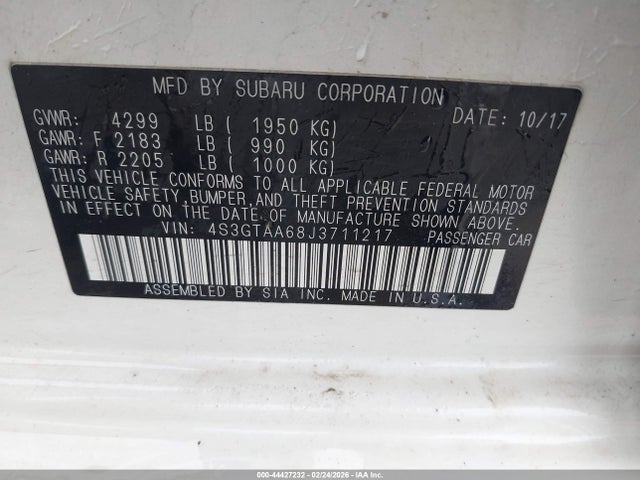 2018 Subaru Impreza 2.0i მანქანა იყიდება აუქციონზე, vin: 4S3GTAA68J3711217, აუქციონის ნომერი: 44427232