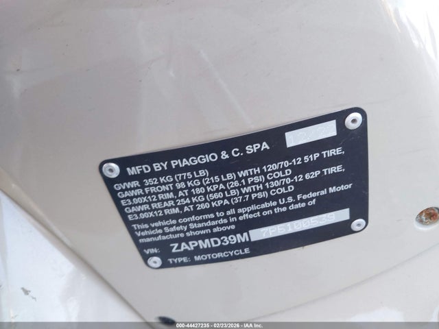 Продажа на аукционе авто 2023 Vespa Gts/sei Giorni 300, vin: ZAPMD39M7P5100539, номер лота: 44427235