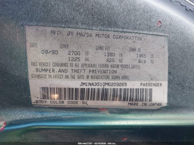1991 Mazda Mx-5 Miata მანქანა იყიდება აუქციონზე, vin: JM1NA3510M0209265, აუქციონის ნომერი: 44427257