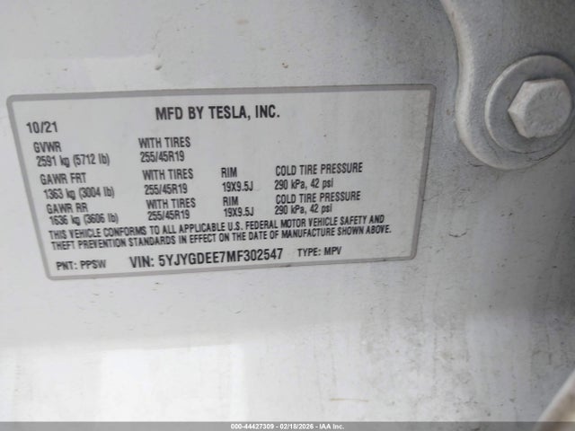 Aukcja sprzedaży 2021 Tesla Model Y Long Range Dual Motor All-wheel Drive, vin: 5YJYGDEE7MF302547, numer aukcji: 44427309