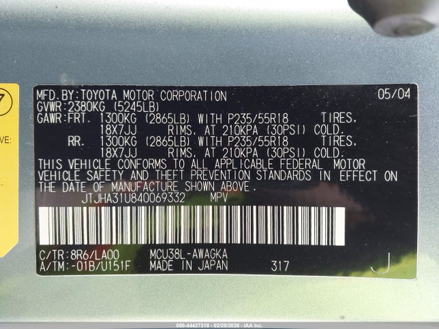 44427318 :رقم المزاد ، JTJHA31U840069332 vin ، 2004 Lexus Rx 330 مزاد بيع