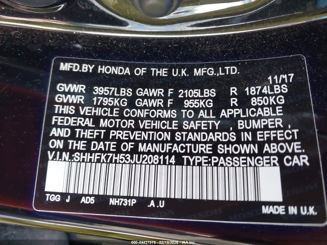 Honda CIVIC EX 2018 SHHFK7H53JU208114 Image 9