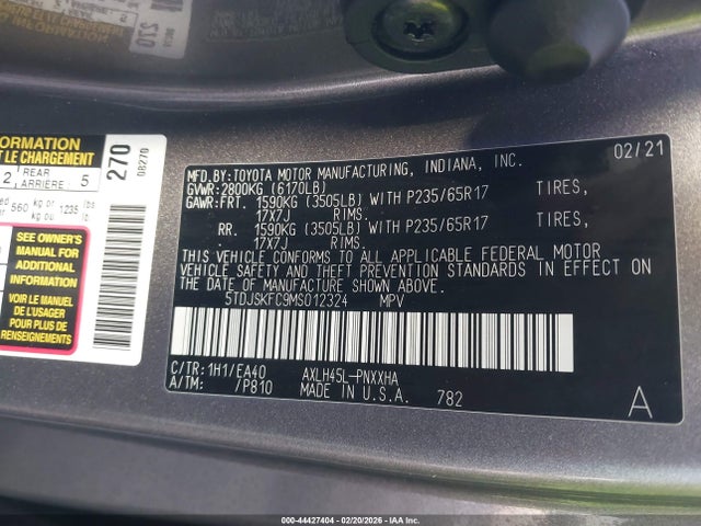 5TDJSKFC9MS012324 Toyota SIENNA XLE