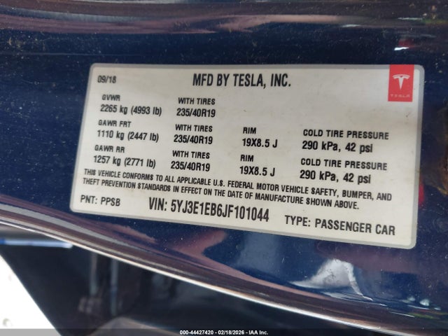 Продаж на аукціоні авто 2018 Tesla Model 3 Long Range/performance, vin: 5YJ3E1EB6JF101044, номер лоту: 44427420