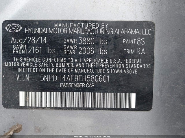 5NPDH4AE9FH580601 Hyundai ELANTRA SE