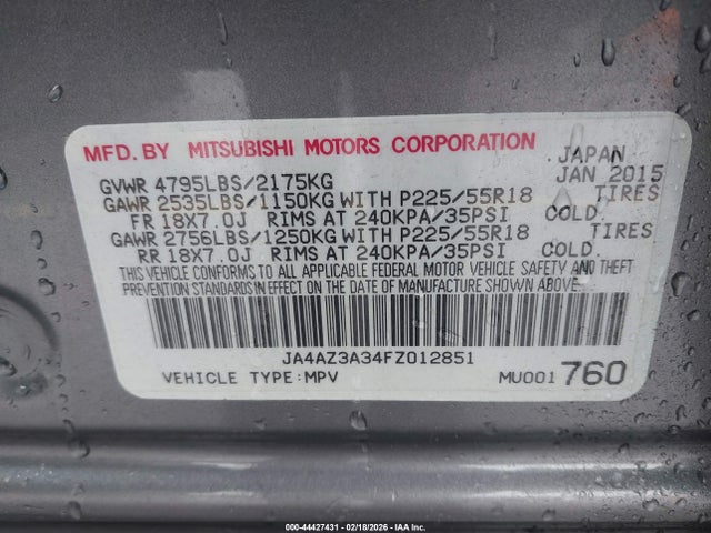 2015 MITSUBISHI OUTLANDER JA4AZ3A34FZ012851 Photo 8