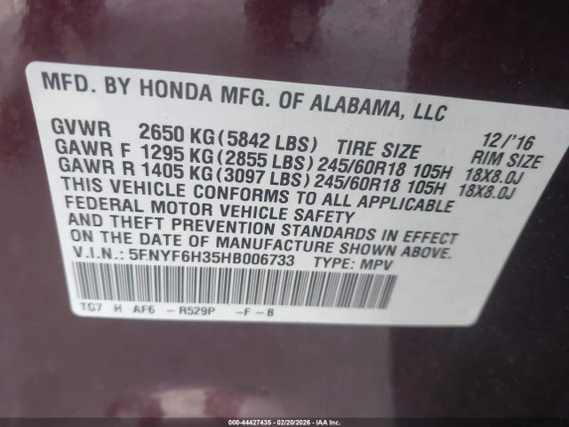 Продаж на аукціоні авто 2017 Honda Pilot Ex, vin: 5FNYF6H35HB006733, номер лоту: 44427435