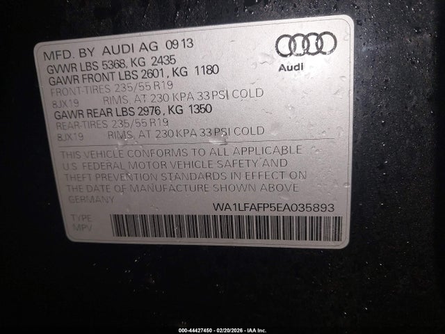 44427450 :رقم المزاد ، WA1LFAFP5EA035893 vin ، 2014 Audi Q5 2.0t Premium مزاد بيع