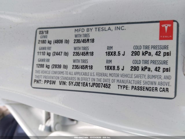 5YJ3E1EA1JF007452 Tesla Model 3 Long Range/mid Range