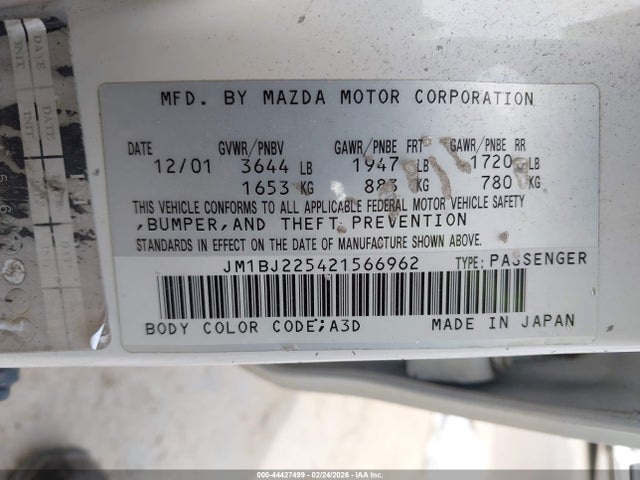 2002 Mazda Protege Dx/es/lx მანქანა იყიდება აუქციონზე, vin: JM1BJ225421566962, აუქციონის ნომერი: 44427499