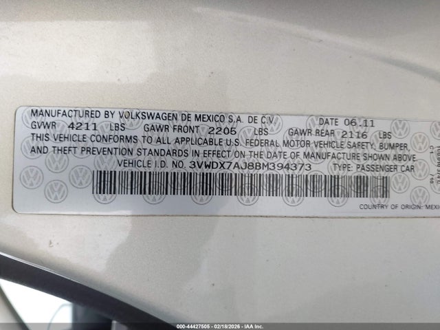 44427505 :رقم المزاد ، 3VWDX7AJ8BM394373 vin ، 2011 Volkswagen Jetta 2.5l Se مزاد بيع