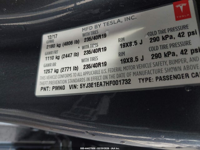 Aukcja sprzedaży 2017 Tesla Model 3 Long Range/standard, vin: 5YJ3E1EA7HF001732, numer aukcji: 44427508