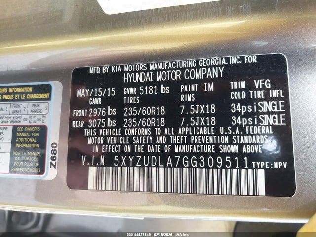 5XYZUDLA7GG309511 Hyundai Santa Fe Sport 2.0l Turbo