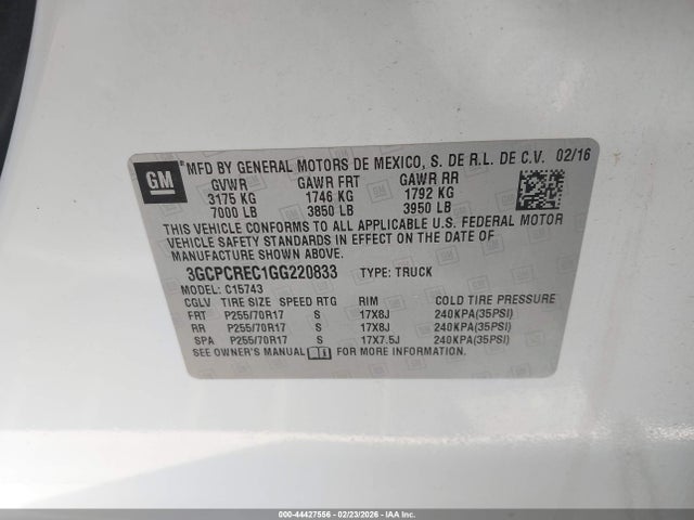 3GCPCREC1GG220833 Chevrolet Silverado 1500 1lt