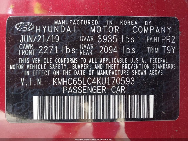 KMHC65LC4KU170593 Hyundai Ioniq Hybrid Blue