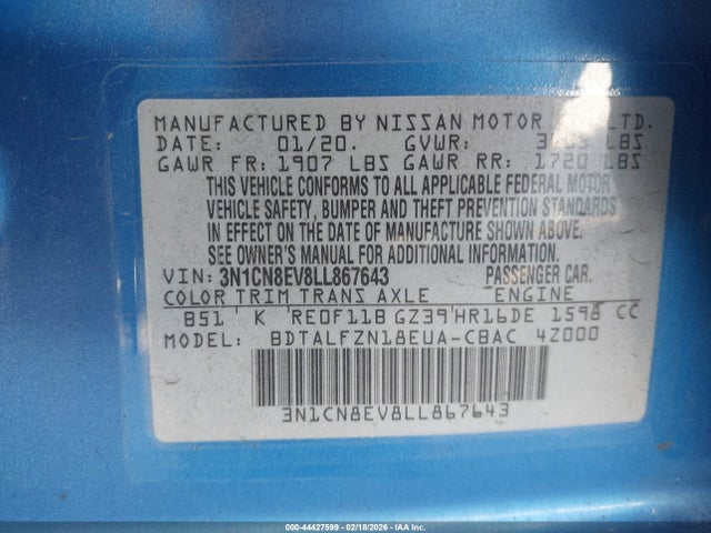 Nissan Versa Sv Xtronic Cvt 2020 3N1CN8EV8LL867643 Image 9