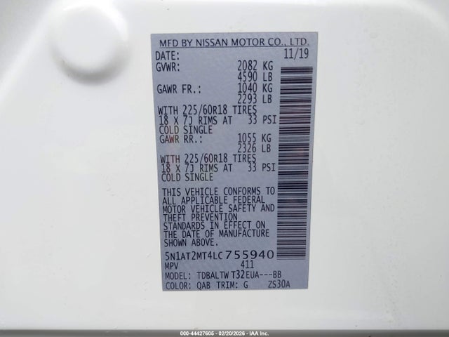 5N1AT2MT4LC755940 Nissan Rogue Sv Fwd