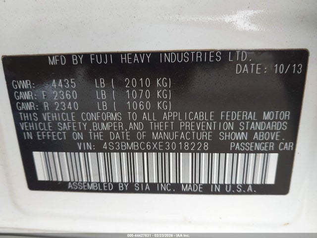 44427631 :رقم المزاد ، 4S3BMBC6XE3018228 vin ، 2014 Subaru Legacy 2.5i Premium مزاد بيع